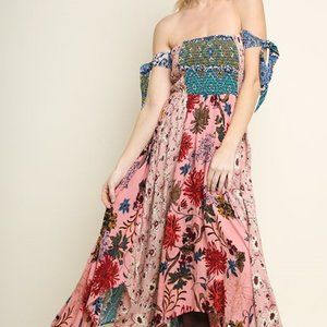 Umgee Rose Asymmetrical Bohemian Maxi Scarf Dress